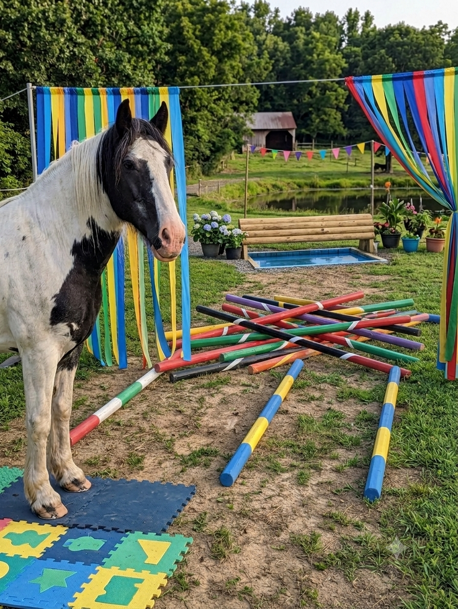 Ein schwarz-weiß geschecktes Pferd steht auf bunten Schaumstoffmatten vor einem Parcours für Gelassenheitstraining. Im Hintergrund befinden sich bunte Flattervorhänge, am Boden liegende Stangen, eine Holzbank mit Wasserbecken sowie ein Teich und eine Scheune vor einer Waldkulisse.